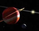 Una ilustración que muestra un planeta, una luna y una estrella.