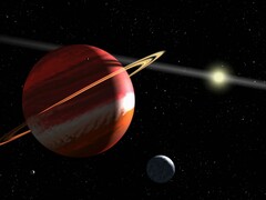 Una ilustración que muestra un planeta, una luna y una estrella.