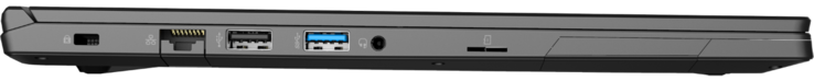 Izquierda: Noble Lock, GigabitLAN, 1x USB 2.0, 1x USB 3.2 Gen1, 3.5-mm audio jack, lector de tarjetas microSD