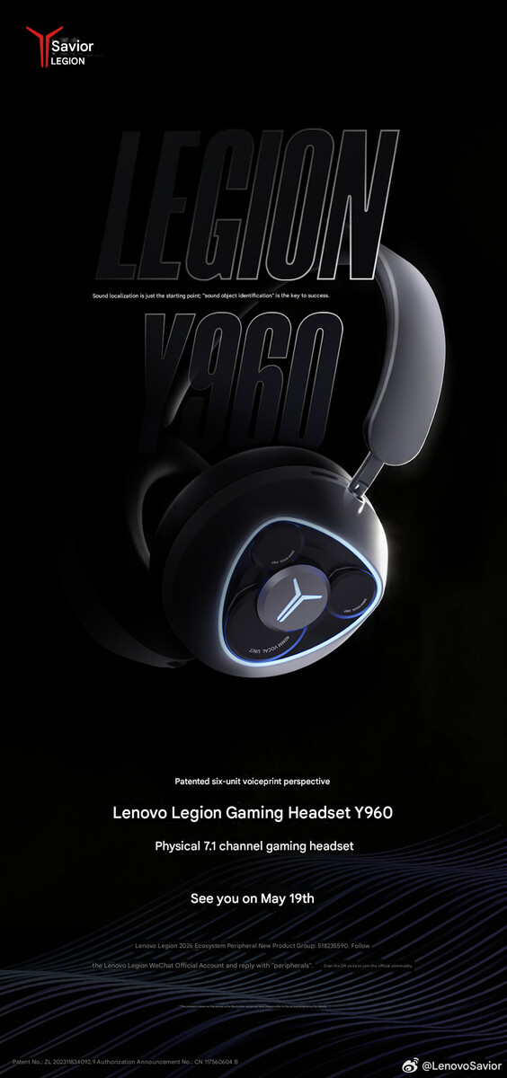 La imagen teaser de los auriculares para juegos Legion Y960 (traducción automática)