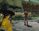 Atsu de Ghost of Yotei con un arma en un campamento enemigo. (Fuente de la imagen: PlayStation en YouTube, captura de pantalla)
