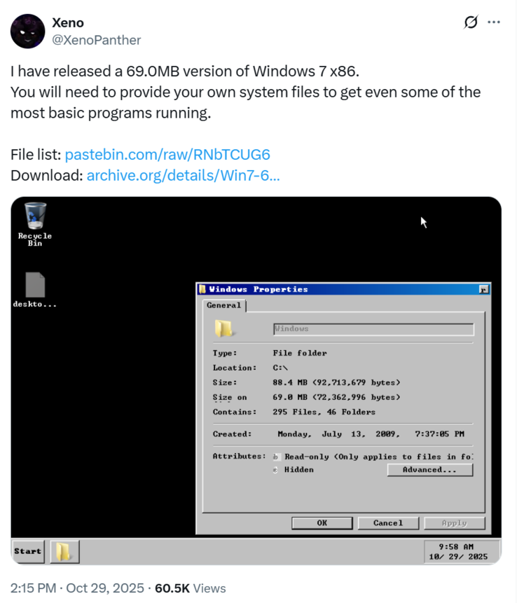 Windows 7 (en la imagen) arrancando en el escritorio en la compilación ligera de @XenoPanther (Fuente de la imagen: @XenoPanther)