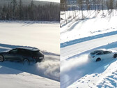 El Audi RS4 Avant Quattro lleva la lucha AWD al Model 3 Performance de doble motor de Tesla alrededor de una pista de pruebas de invierno. (Fuente de la imagen: Tyre Reviews en YouTube)