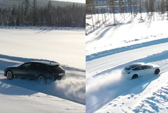 El Audi RS4 Avant Quattro lleva la lucha AWD al Model 3 Performance de doble motor de Tesla alrededor de una pista de pruebas de invierno. (Fuente de la imagen: Tyre Reviews en YouTube)