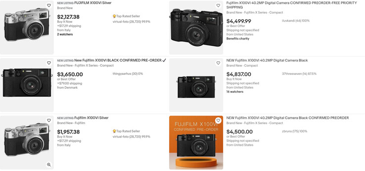 Algunos listados de ebay para pedidos anticipados de la Fujifilm X100VI esperan que los compradores paguen hasta 4.800 dólares por la cámara compacta. (Fuente de la imagen: eBay)