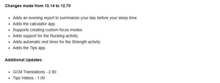 Las notas de la versión 12.70 del software para el reloj inteligente Garmin vivoactive 6. (Fuente de la imagen: Garmin)