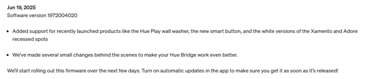Las notas de la versión del software Philips Hue Bridge 1972004020. (Fuente de la imagen: Philips Hue)