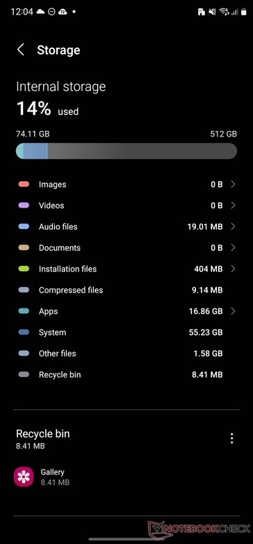 Uso del sistema en el Galaxy S23 Ultra con 512 GB de almacenamiento. (Fuente de la imagen: NotebookCheck)