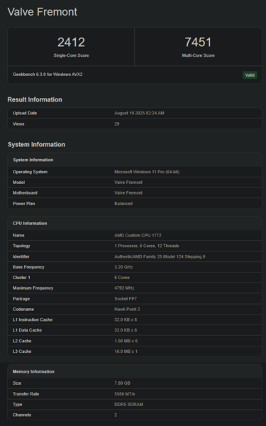 Listado de Valve Fremont en Geekbench (fuente de la imagen: Geekbench)