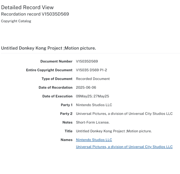 Derechos de autor de Nintendo y Universal Pictures para la película de Donkey Kong (Fuente de la imagen: página web de la oficina de derechos de autor de EE.UU.)
