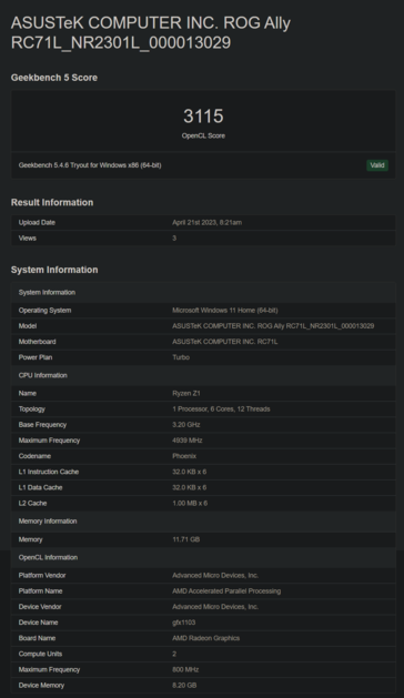 Asus ROG Ally en Geekbench (imagen vía Geekbench)