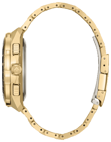 Perfil lateral del Citizen Promaster Skyhawk A-T JY8144-50E, en el que se aprecia su gran caja de acero inoxidable en tono dorado, la corona y el brazalete integrado.