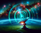 Una representación generada por la IA de una señal de radio procedente del espacio profundo que llega a la Tierra. (Fuente de la imagen: Dall-E 3)