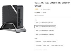 Configuraciones de Minisforum Venus Series UM560 XT (fuente: Minisforum)