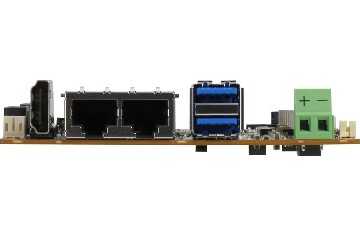 El SBC Aaeon PICO-ARU4 cuenta con una decente serie de puertos teniendo en cuenta su tamaño, incluyendo puertos LAN duales. (Fuente de la imagen: Aaeon)
