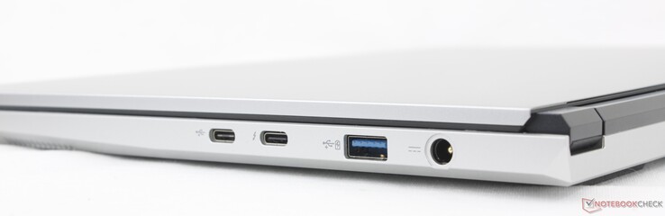 Derecha: USB-C 3.2 Gen. 2 con Power Delivery, USB-C Thunderbolt 4 con DisplayPort 2.1 + Power Delivery, USB-A 3.2 Gen. 2, adaptador de CA