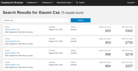 Buscar Xiaomi Cas en la base de datos de Geekbench 5 sólo devuelve resultados para el Xiaomi M2007J1SC. (Fuente de la imagen: Geekbench)