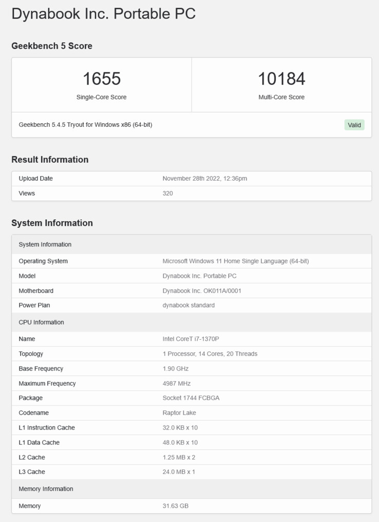 Intel Raptor Lake Core i7-1370P en un portátil Dynabook. (Fuente: Geekbench)