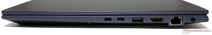 Derecha: Thunderbolt 4, USB 3.2 Gen2 Tipo-C (DisplayPort/Power Delivery), USB 3.2 Gen1 Tipo-A, salida HDMI 2.1, RJ-45, entrada CC