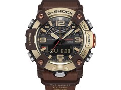 Primer plano del G-Shock Mudmaster GG-B100XMH-5A, en el que se aprecian su caja y su bisel en tonos amarillo claro dorado y marrón.