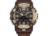 Primer plano del G-Shock Mudmaster GG-B100XMH-5A, en el que se aprecian su caja y su bisel en tonos amarillo claro dorado y marrón.