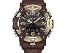 Primer plano del G-Shock Mudmaster GG-B100XMH-5A, en el que se aprecian su caja y su bisel en tonos amarillo claro dorado y marrón.