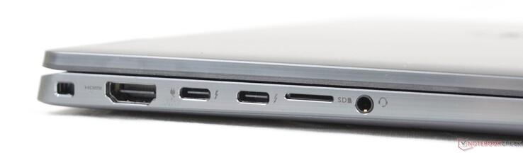 Izquierda: ranura de bloqueo de cuña, HDMI 2.0, 2x USB-C con Thunderbolt 4 + DisplayPort + Power Delivery, lector MicroSD, conector de audio de 3,5 mm
