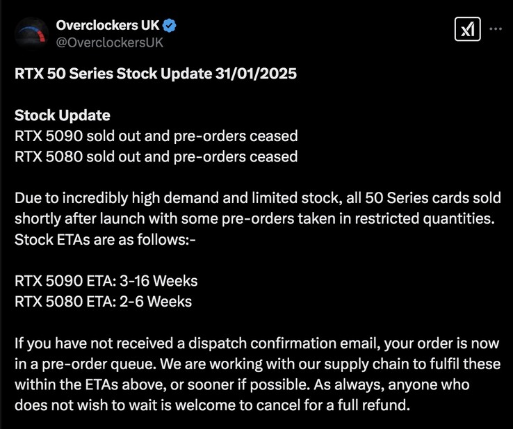Los jugadores del Reino Unido tendrán que esperar un tiempo antes de poder hacerse con una nueva GPU GeForce RTX 50. (Fuente de la imagen: Overclockers UK)