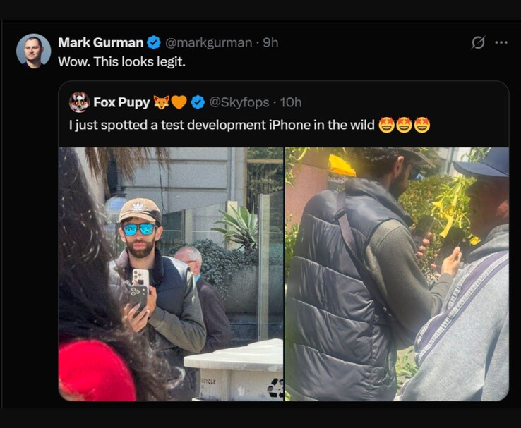Mark Gurman reacciona ante un supuesto prototipo de iPhone 17 Pro visto en público, publicado originalmente por @Skyfops en X (antes Twitter). La imagen muestra a un hombre que sostiene un dispositivo de prueba con una funda exclusiva, mientras otro individuo parece bloquear la vista. (Imagen: @Skyfops / @markgurman en X)