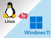 Comparación de rendimiento de juegos Linux vs Windows 11 con Tux y logotipos de Windows