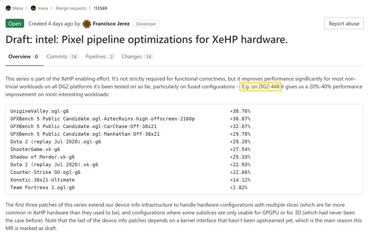 Xe-HPG DG2-448 referenciado en un reciente commit de MESA. (Fuente: Freedesktop)