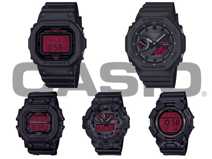 En la imagen, en el sentido de las agujas del reloj desde arriba a la izquierda: el Casio DW-5600BBR-1, el GA-B2100BBR-1A, el GD-010BBR-1JF, el GA-700BBR-1AJF y el GX-56BBR-1A: toda la línea original de G-Shock 