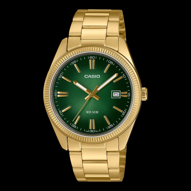 El último y asequible reloj de vestir MTP-1302PGC-3AV de Casio combina una esfera de color verde radiante con un bisel estriado