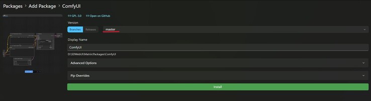 Una captura de pantalla del hub de ComfyUI para la instalación en la Matriz de Estabilidad, con un resaltado rojo en el menú desplegable de selección de compilación. (Fuente de la imagen: Captura de pantalla de Windows)