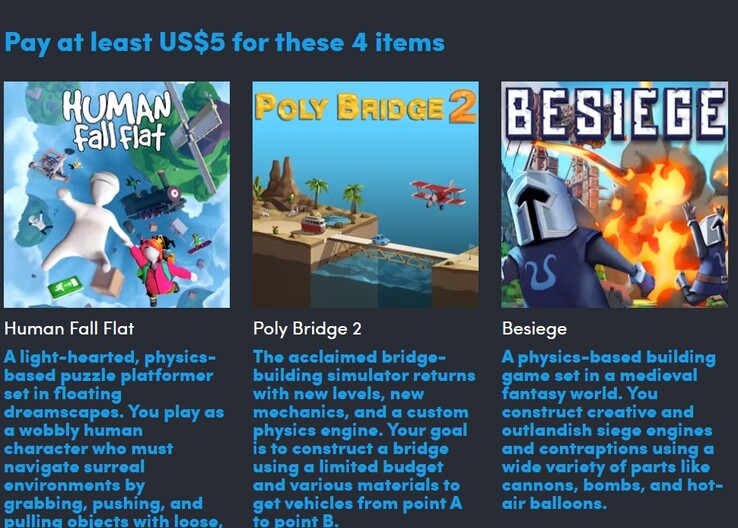 Carteles y descripciones de los juegos. Pagando 5 dólares obtendrá 4 de los 9 juegos (Fuente de la imagen: Humble Bundle)