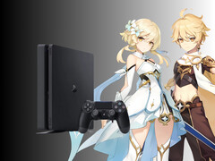 Personajes de Genshin Impact fotografiados junto a la PS4 (Fuente de la imagen: Cognosphere, Sony PlayStation con ediciones)
