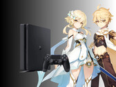 Personajes de Genshin Impact fotografiados junto a la PS4 (Fuente de la imagen: Cognosphere, Sony PlayStation con ediciones)