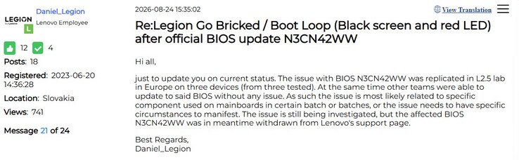Actualización sobre los problemas con la BIOS de Legion Go. 