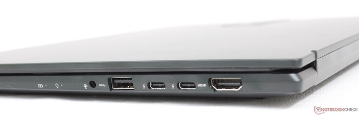 Derecha: auriculares de 3,5 mm, USB-A 3.2 Gen. 1, 2x USB-C con Thunderbolt 4 + DisplayPort + Power Delivery, HDMI 2.0b