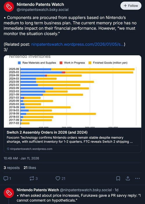 Post de Nintendo Patents Watch sobre la entrevista a Shuntaro Furukawa (Fuente de la imagen: captura de pantalla, cuenta Bluesky de Nintendo Patents Watch)