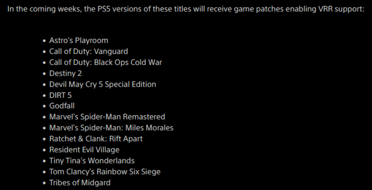 Lista de títulos de PS5 que tendrán soporte para VRR inicialmente (imagen vía Sony)