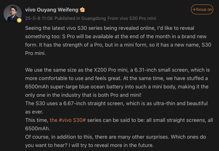 Detalles oficiales de la serie Vivo S30. (Fuente de la imagen: Weibo - machine translated)