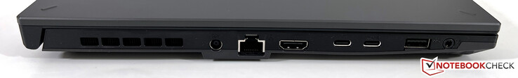 izquierda: fuente de alimentación, ethernet, HDMI 2.1 FRL, USB-C 4.0 (40 GBit/s, DisplayPort, Power Delivery), USB-C 3.2 Gen.2 (10 GBit/s, Power Delivery, DisplayPort, G-Sync), USB-A 3.2 Gen.1 (5 GBit/s), toma de auriculares de 3,5