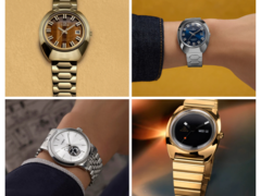 De arriba a abajo a la izquierda, en el sentido de las agujas del reloj (en la imagen), tenemos la reedición Q Timex 1972 Time Machine con esfera marrón, la misma reedición con esfera azul, la reedición Q Timex 1975 Enigma, y el Timex x Peanuts Marlin Automatic. (Fuente de la imagen: Timex - Editado)