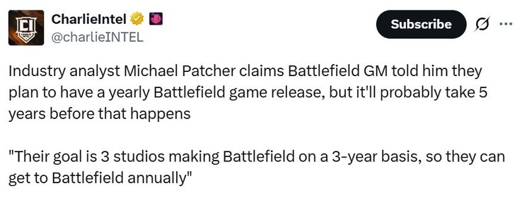 Los futuros juegos de Battlefield podrían tener lanzamientos anuales. (Fuente de la imagen: charlieINTEL en X)