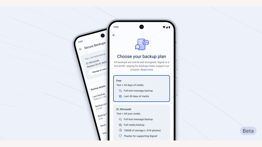 La función de copia de seguridad segura de Signal se muestra en la aplicación beta Android, que ofrece copias de seguridad cifradas de mensajes y medios con planes gratuitos y de pago. (Fuente de la imagen: Signal)
