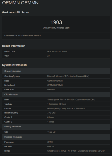 Puntuaciones en Geekbench del Snapdragon X Plus X1P64100 (imagen vía Geekbench)