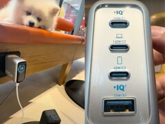 Los 3 puertos USB-C y el cuarto puerto USB-A están presentes en la parte inferior del cargador de pared Anker Zolo 140W. (Fuente de la imagen: Xiao Li TV vía YouTube)