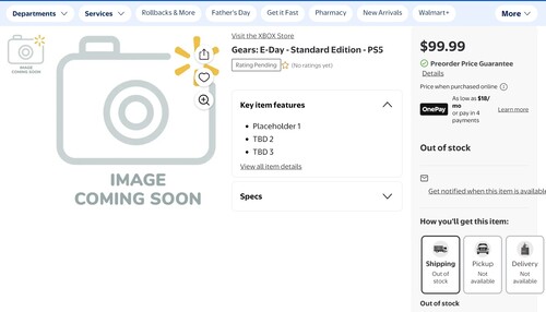 Se muestra el listado de Walmart para el pedido anticipado de Gears of War: E-Day PS5