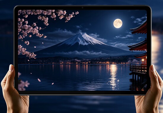 Unas manos sostienen una tableta que muestra una vista nocturna